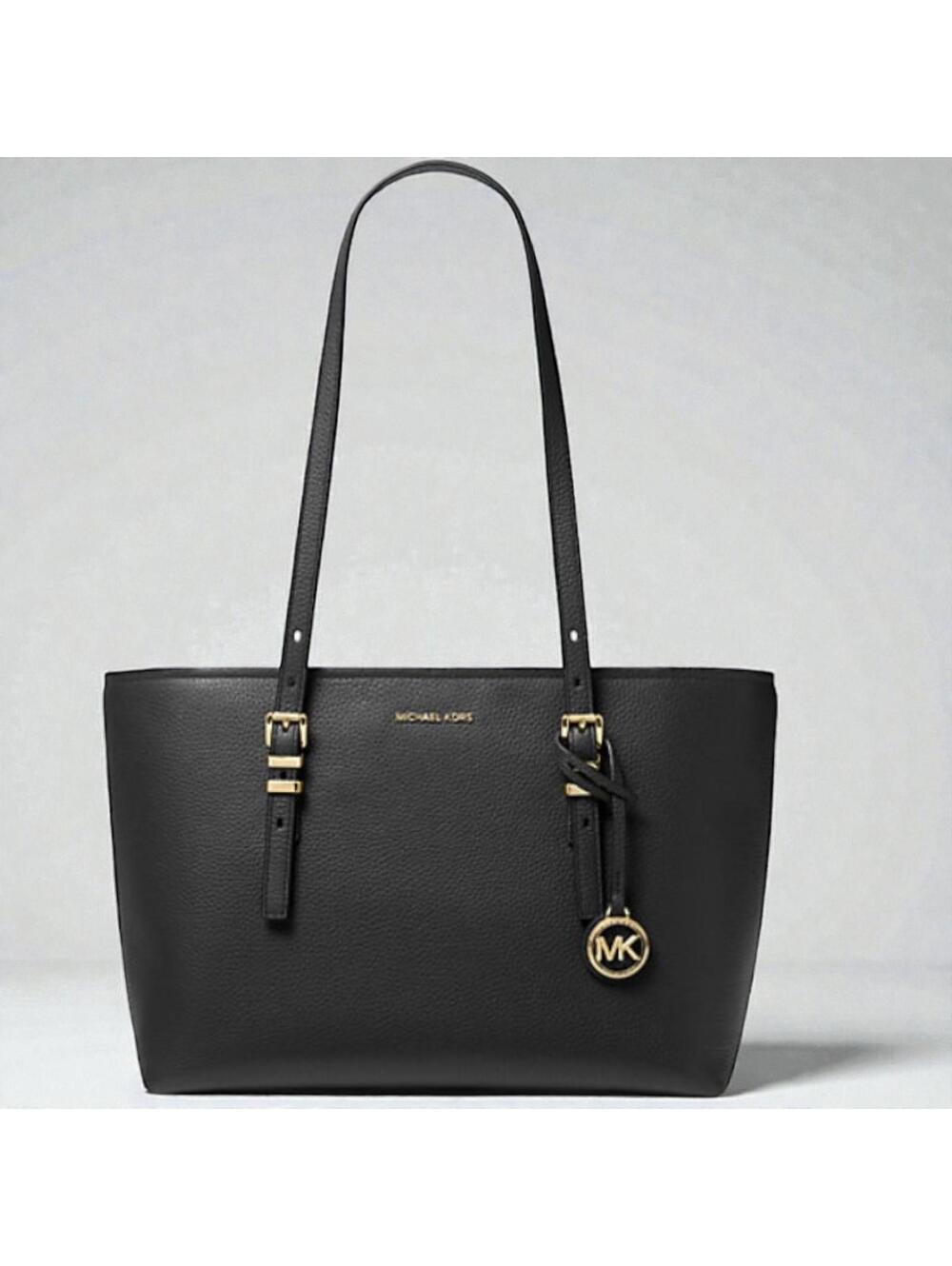 Michael Kors Jet Set Travel Medium Saffiano Leather Tote Black Gold Hardware